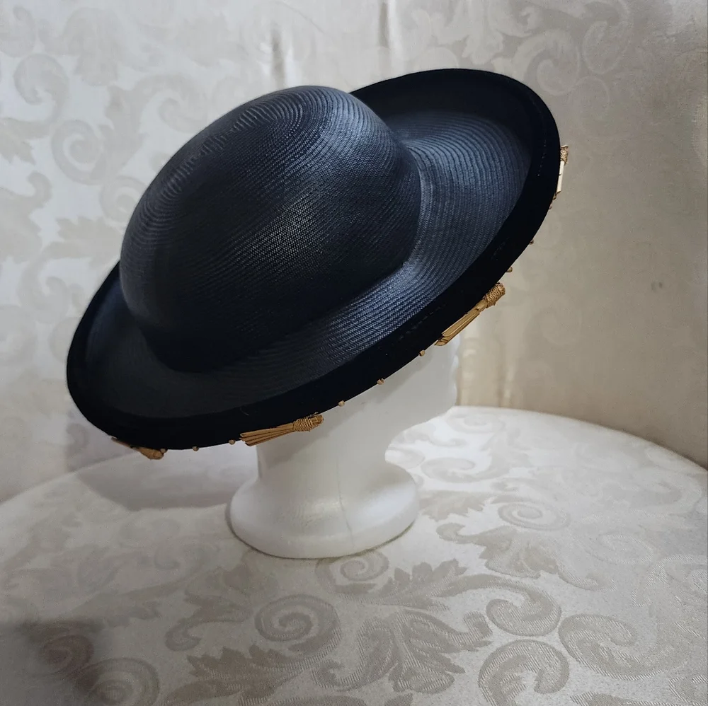 Stephen Anne Custom Black Velvet Straw Hat Wide Brim Gold Tassel Trim